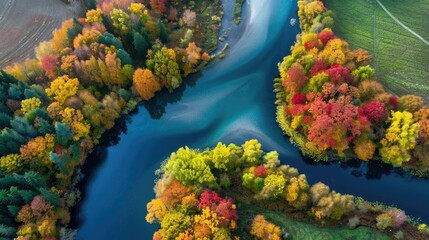 Stunning aerial view of a winding river cutting through a vibrant autumn forest with trees in shades of red, orange, and yellow...