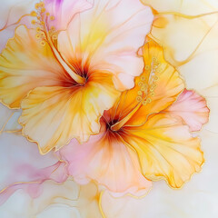 Beautiful yellow hibiscus flowers in the style of alcohol ink on a white background