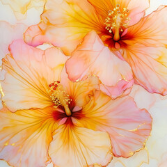 Beautiful yellow hibiscus flowers in the style of alcohol ink on a white background
