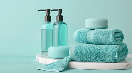 Beauty care such as body spray and circular soap bars, towel stack on marble base; studio picture with light cyan background