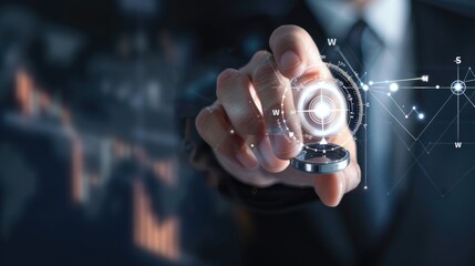 A businessman pointing at a virtual digital compass interface, symbolizing direction, guidance, and strategic planning in business..