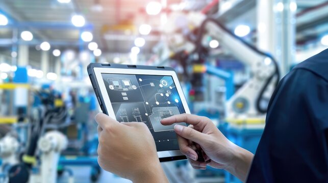 Engineer using a tablet to monitor and control automated machinery in a modern factory setting..