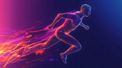 human running man athlete digital colorful wireframe neon light effects speed and energy in the composition