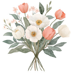 Vintage Watercolor Bouquet of Spring Flowers with Soft Pastel Tones