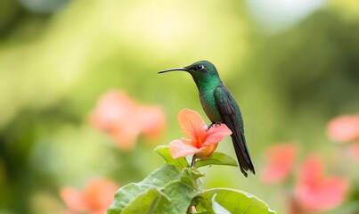 Fototapeta premium A hummingbird is perched on a flower, Generative AI