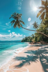 Tropical beach with palm trees and turquoise water in ocean. Paradise island on a sunny day. Trip, travel and vacation