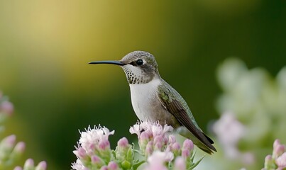Fototapeta premium A hummingbird is perched on a flower, Generative AI