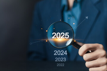 business strategy planning in new year, start, career path, opportunity and change. Businessman use...