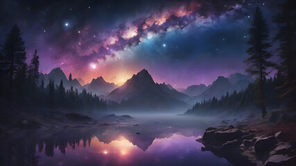 Mountains at night, starry sky and the Milky Way
