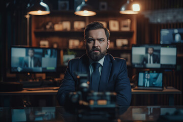 Obraz premium Businessman in Dark Office Overlooks Computer Monitors and Camera
