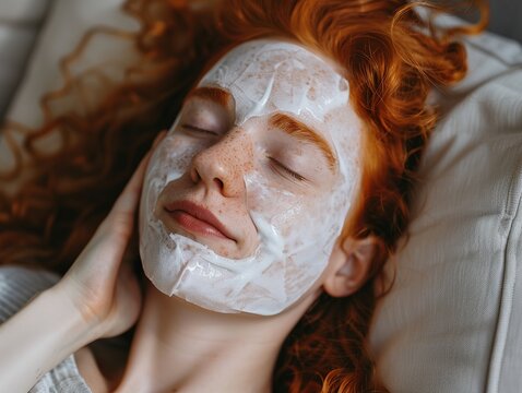 Red-haired woman relaxing in a luxury armchair while applying a sheet mask to her face for skin care at home. Beautiful young female model enjoying a spa day with facial paper mask and body oil massag