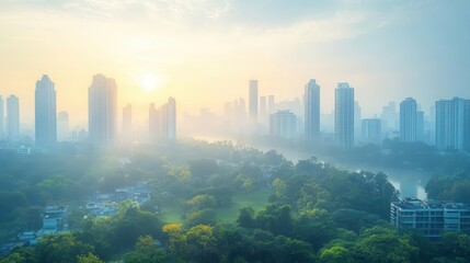 Fototapeta premium A serene urban landscape at sunrise, showcasing misty skyscrapers alongside lush greenery and a tranquil river.