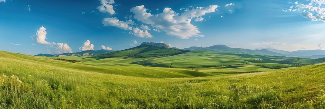 grassy green field with cloudy blue sky - landscape wallpaper