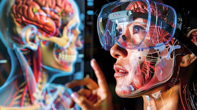 Woman wearing VR headset interacting with a 3D anatomical model