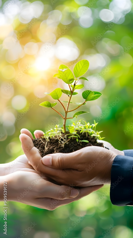 Sticker Hands holding young plant seedling against a green nature background.