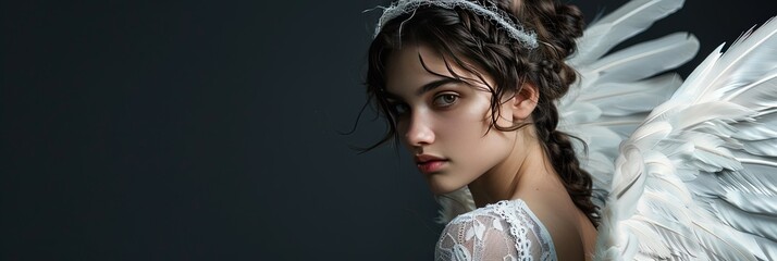 woman with white angel wings with feathers