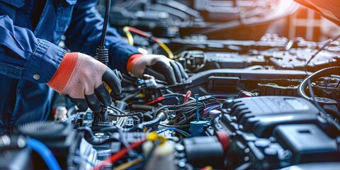 Technician Hands of car mechanic working repair in auto repair Service electric battery and Maintenance of car battery. 
