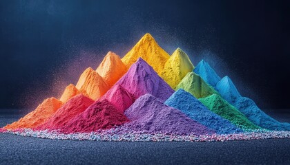 A pile of colorful powder and small pebbles, arranged in the shape of mountains, against a dark background.
