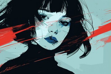 赤いしぶきとモノクロ女性の和風アート（モダン・ポップアート・鮮やか・ビビット）