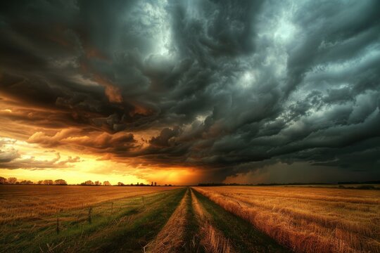 Storm Clouds Over Field at Sunset. Dark Atmosphere with Sunlight Breaking Through