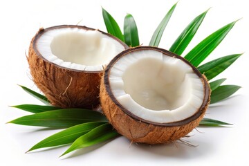 Half Coconut with Palm Leaves on White Background.
