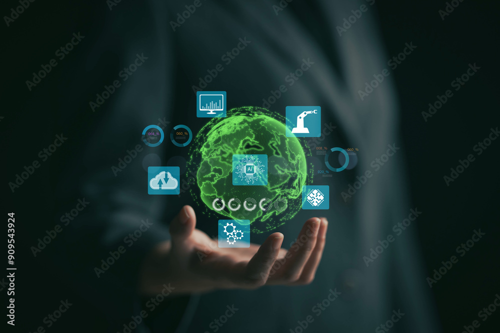 Poster future world view concept. new innovation. application of ai technology in business and various indu