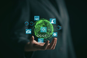 Future world view concept. New innovation. Application of AI technology in business and various industries. Globe icon in businessman's hand. Accessing big data with artificial intelligence...