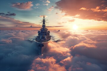 Naklejka premium Majestic Warship Cutting Through a Sea of Clouds at Sunset