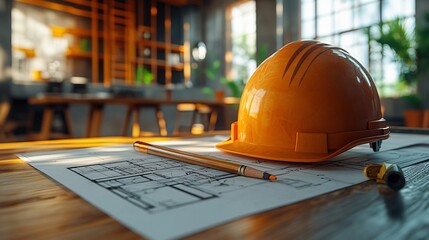 Blueprint floor plan architectural project on the table with yellow helmet and pencil

