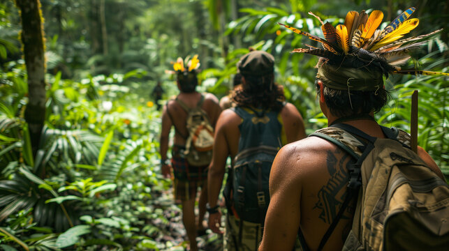 Indigenous Tribesmen Trekking Through Lush Rainforest Underneath Bright Afternoon Sunlight in South America