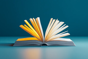 A book is open to a page with yellow and white text