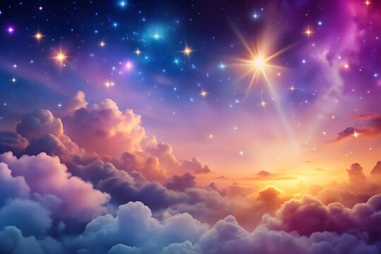 A holographic, fantastical rainbow background featuring stars and clouds. soft-colored sky. Fantastic abstract patterns and a magical landscape. Adorable wallpaper of candy