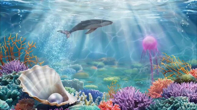 A whale swims through a vibrant underwater scene with colorful coral reefs, a jellyfish, and a pearl in a seashell. Seamless loop video background