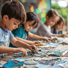 Fototapeta premium Children creating art with recycled materials, kids in school, sustainability and creativity