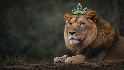 Obraz premium a lion wearing a princess queen crown with emerald jewels a predator in the jungle, a royalty predator, wildlife, carnivore, powerful