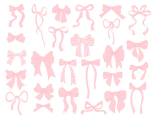 Cute coquette aesthetic pink ribbon bow big collection. Isolated girly vintage elements. Vector illustration. Trendy girls hairstyle accessories