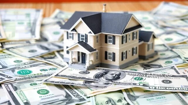 A miniature house is placed on a pile of cash, highlighting the financial aspect of real estate investment