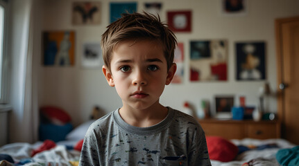 Defiant boy in a messy bedroom seeking attention with lots of attitude, Generative AI