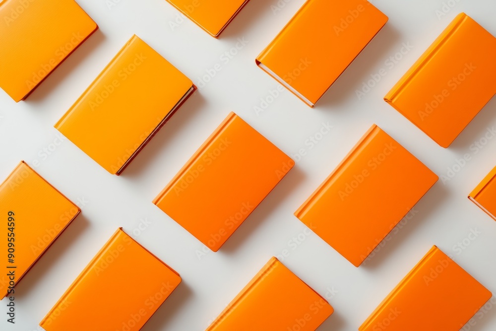 Poster Bright Orange Notebooks Pattern on Soft White Background | Consistent Spacing and Depth | Crisp, Sunny Day Mood | Simple, Clean Composition | Repetition and Color Contrast