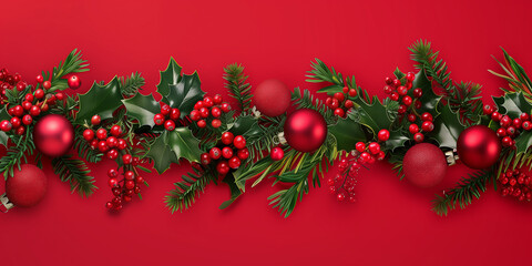 Weihnachtsgirlande auf roten Hintergrund. Motiv für Webseitenbanner Weihnachtskarte Deko Weihnachtsgeschenke Feiern Festlich