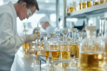 Technicians in white special clothes in a modern perfume laboratory carefully select the material for the future perfume. The development of perfumed oils in a professional laboratory. For banner desi