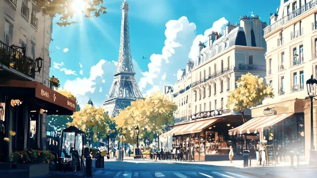 Sunny day at a Parisian caf&eacute; with Eiffel Tower in the background. Seamless looping 4k time-lapse animation video background. Travel lifestyle concept
