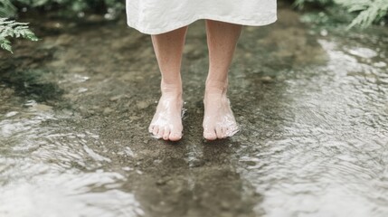 Elderly Woman Embracing Nature in a Forest Stream Peaceful Morning Forest Bathing