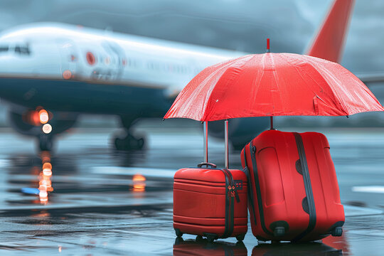 Travel insurance concept. Red umbrella covering airplane and suitcases