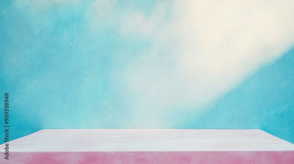 Poster minimal pastel pink and blue stucco table surface in calm natural setting with serene bokeh effect