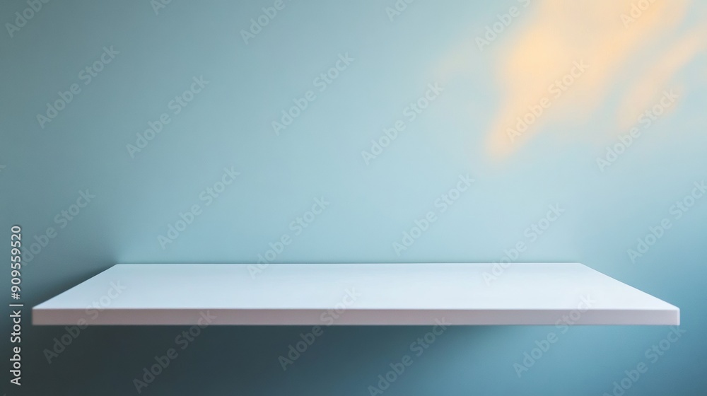 Aufkleber Minimalist Low-Angle View Pastel Blue Stucco Surface Table for Product Display With Soft Natural Lighting and Tranquil Field Background