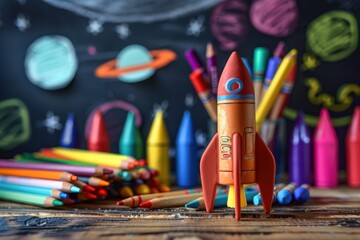 Obraz premium Elementary school children's drawing and craft equipment to create a rocket picture
