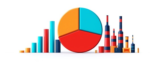 Bright and colorful 3D pie chart and bar graphs isolated on white background, representing business data analysis and statistical information.