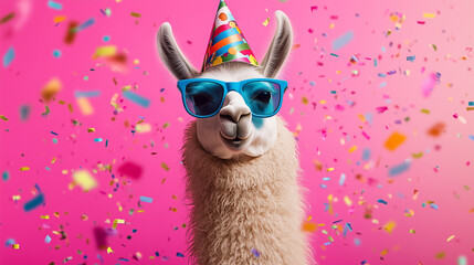 Llama with Party Hat and Sunglasses. A llama wearing a party hat and sunglasses amidst confetti.