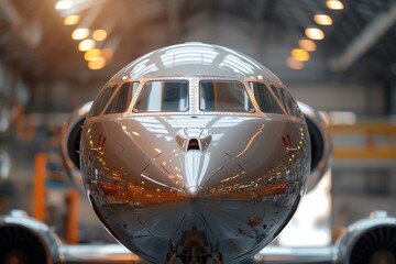 Front view of a modern airplane nose in a hangar, showcasing its sleek design and technological advancements in aviation industry.